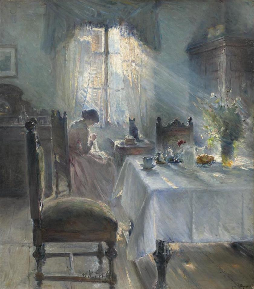 Woman sewing in an interior, vintage artwork by Bertha Wegmann, 12x8" (A4) Poster