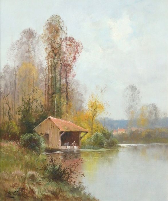 Lavandieres by the river by Charles Clair,A3(16x12")Poster
