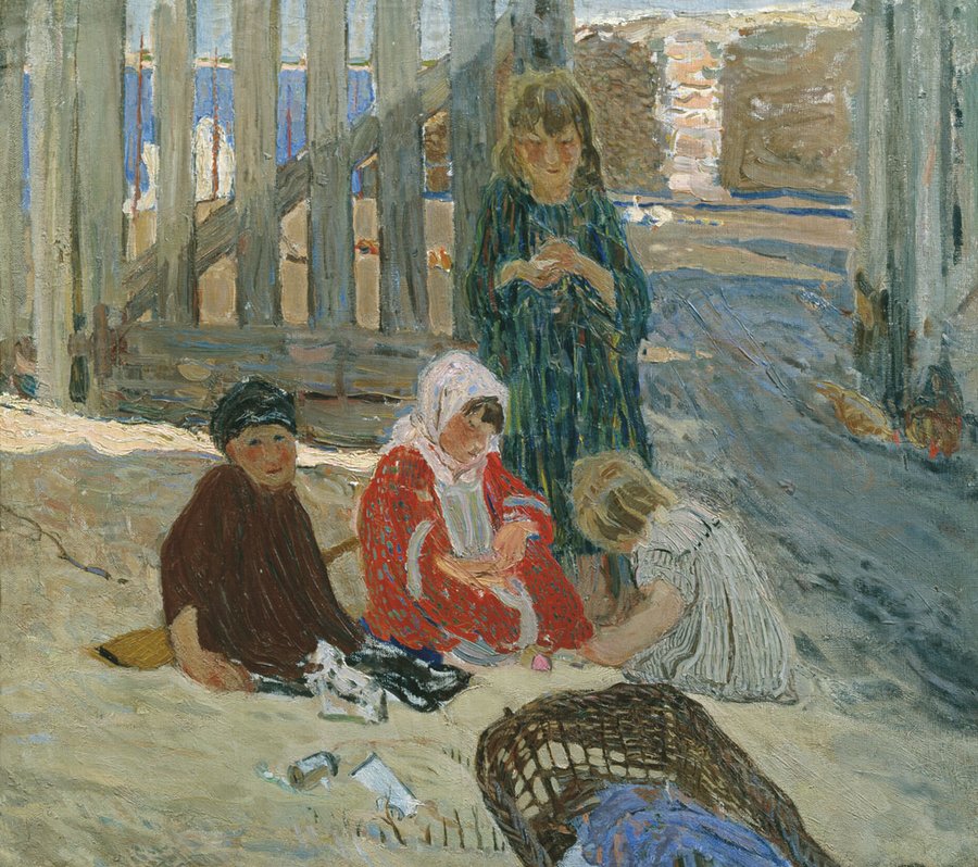 Children Playing on the Beach, vintage artwork by Alexander Savinov, 12x8" (A4) Poster