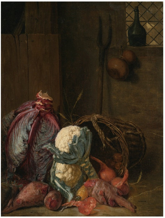 A vegetable still life with a red cabbage, together with caulifllower, beetroot and onions, vintage artwork by Peeter Snyers, 12x8" (A4) Poster