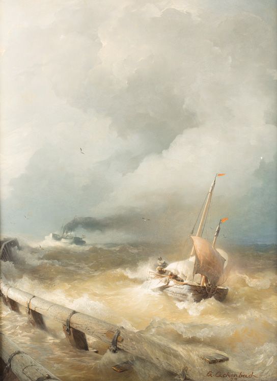 Dutch Steamship and Fishing Boat on a Stormy Sea, vintage artwork by Andreas Achenbach, A3 (16x12