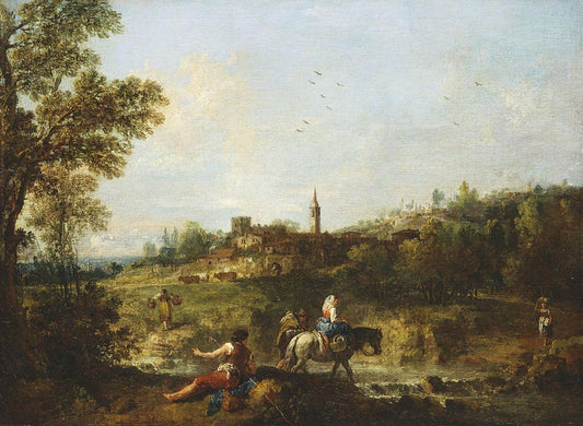 Landscape with a Woman fording a Stream on Horseback, vintage artwork by Francesco Zuccarelli, 12x8" (A4) Poster