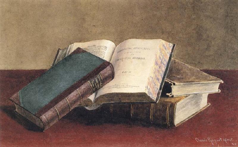 Open Book Propped against Two Stacked Volumes, vintage artwork by Claude Raguet Hirst, 12x8" (A4) Poster