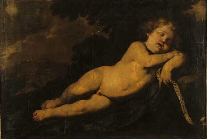 The Infant Jesus Sleeping, vintage artwork by Andrea Vaccaro, 12x8" (A4) Poster