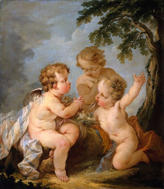 Three Putti Playing with a Bird's Nest, vintage artwork by Guillaume Thomas Taraval, 12x8" (A4) Poster