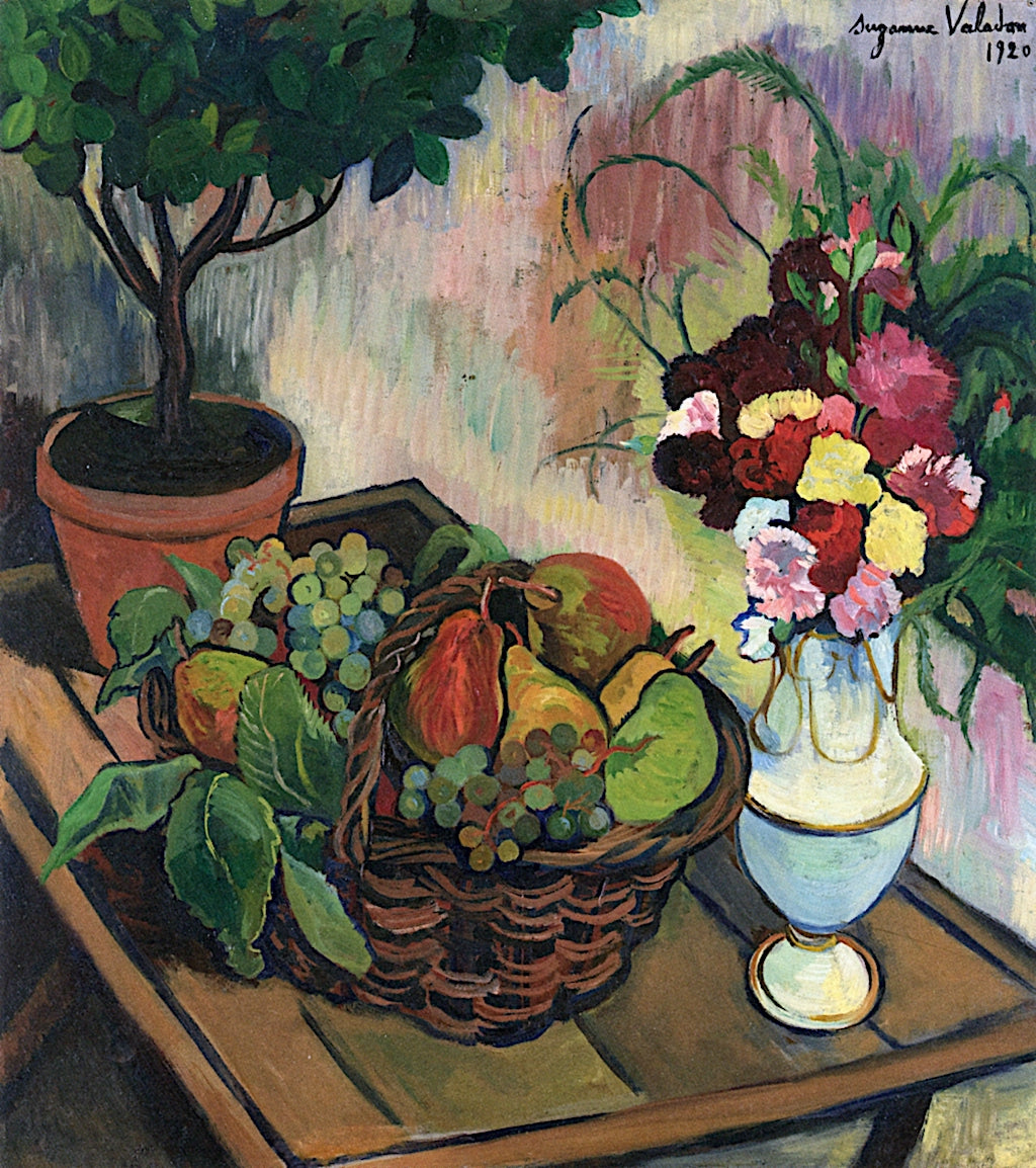 Still Life with Bouquet of Flowers and Basket of Fruit, vintage artwork by Suzanne Valadon, 12x8" (A4) Poster