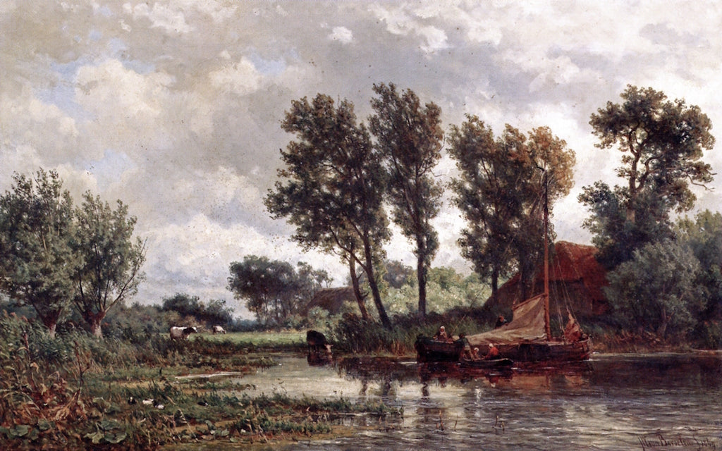 A Polder Landscape with a Vessel near a Farm, vintage artwork by Jan Willem van Borselen, 12x8" (A4) Poster
