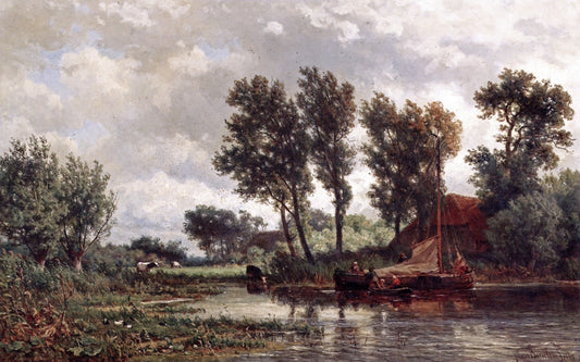 A Polder Landscape with a Vessel near a Farm, vintage artwork by Jan Willem van Borselen, 12x8" (A4) Poster