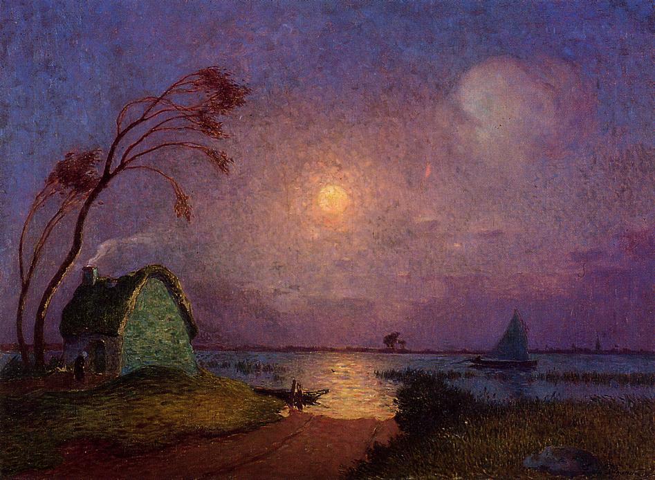 Cottage in the Moonlight in Briere, vintage artwork by Ferdinand du Puigaudeau, 12x8" (A4) Poster