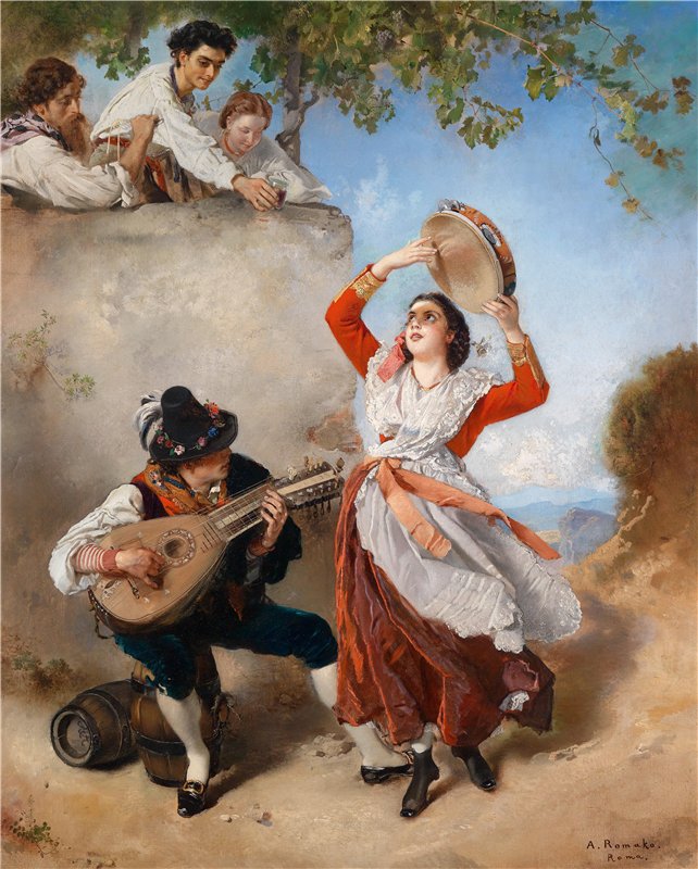 Tarantella Dancer and Mandolin Player, vintage artwork by Anton Romako, 12x8" (A4) Poster
