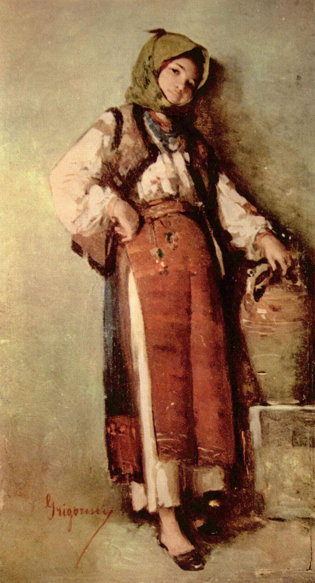Peasant Girl with Pitcher, vintage artwork by Nicolae Grigorescu, 12x8" (A4) Poster