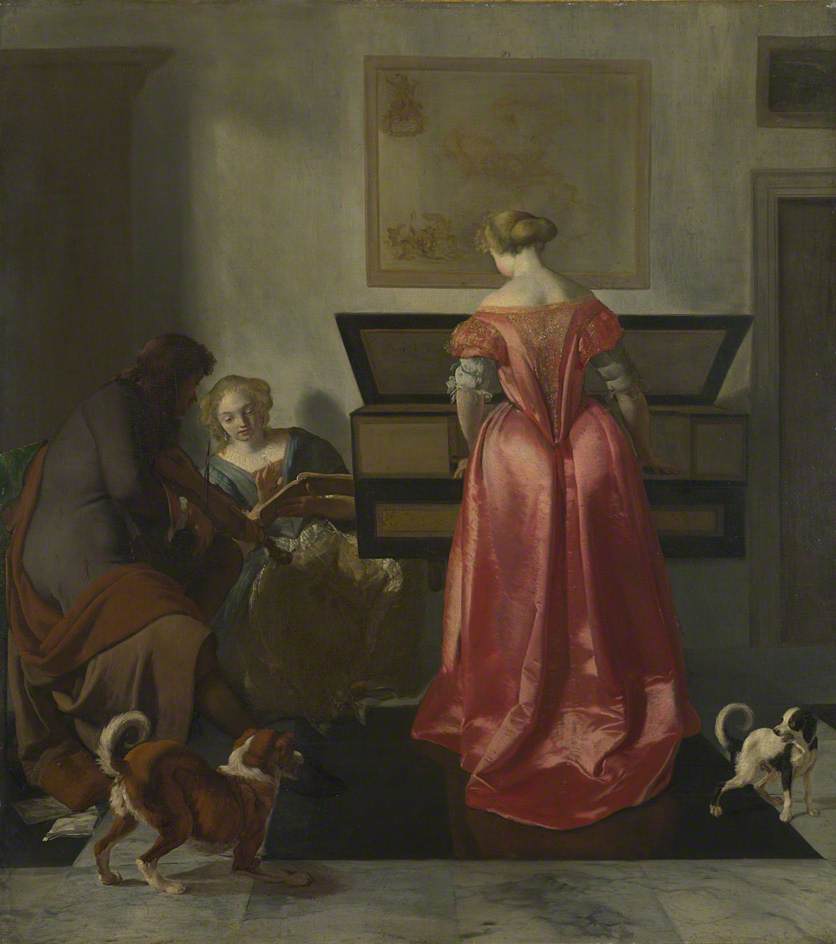 A Woman Playing a Virginal, Another Singing and a Man Playing a Violin, vintage artwork by Jacob Ochtervelt, 12x8" (A4) Poster