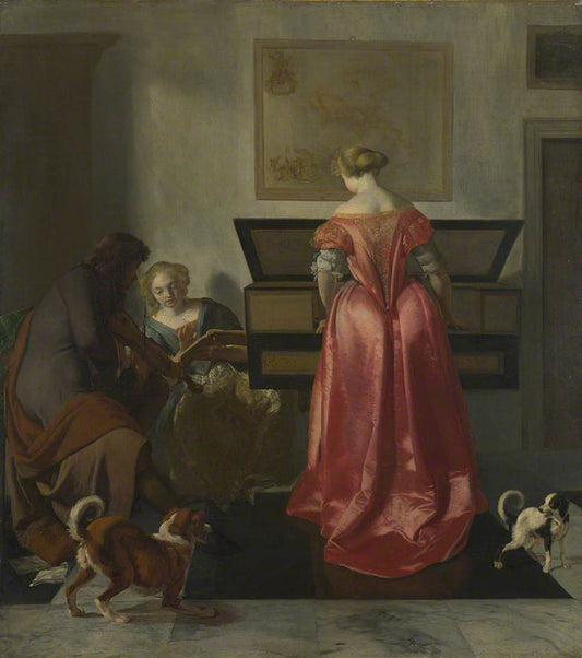 A Woman Playing a Virginal, Another Singing and a Man Playing a Violin, vintage artwork by Jacob Ochtervelt, 12x8" (A4) Poster