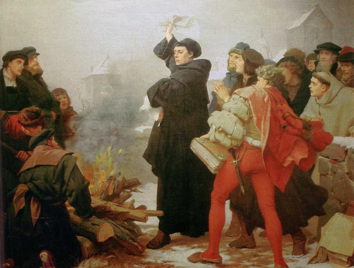Luther Burns the Bull Threatening Excommunication, vintage artwork by Paul Thumann, 12x8" (A4) Poster
