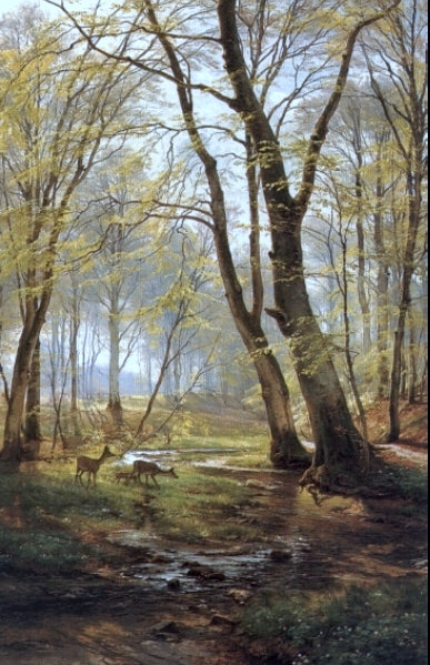 A Woodland Scene With Deer, vintage artwork by Carl Frederik Aagaard, 12x8" (A4) Poster