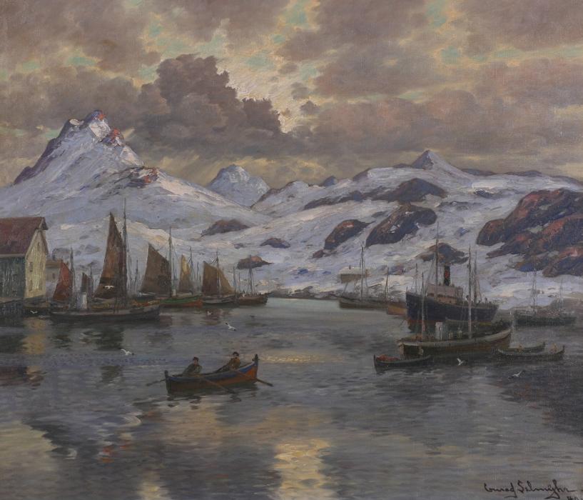 Svolvær, Lofoten, vintage artwork by Conrad Selmyhr, 12x8" (A4) Poster