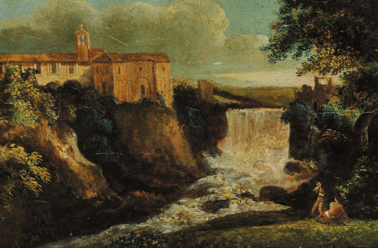 Countryside Scene with Buildings and a Waterfall, vintage artwork by Attributed to Paolo Anesi, 12x8" (A4) Poster