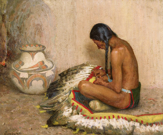 Mending the War Bonnet, vintage artwork by Eanger Irving Couse, 12x8" (A4) Poster