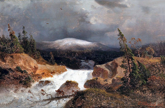 Norwegian Mountain Landscape with a Mountain Torrent, vintage artwork by Andreas Achenbach, A3 (16x12