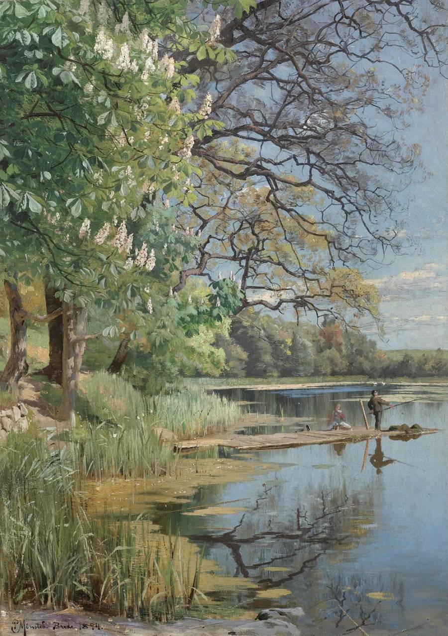 Fishing on the Lake, vintage artwork by Peder Mork Mønsted, 12x8" (A4) Poster