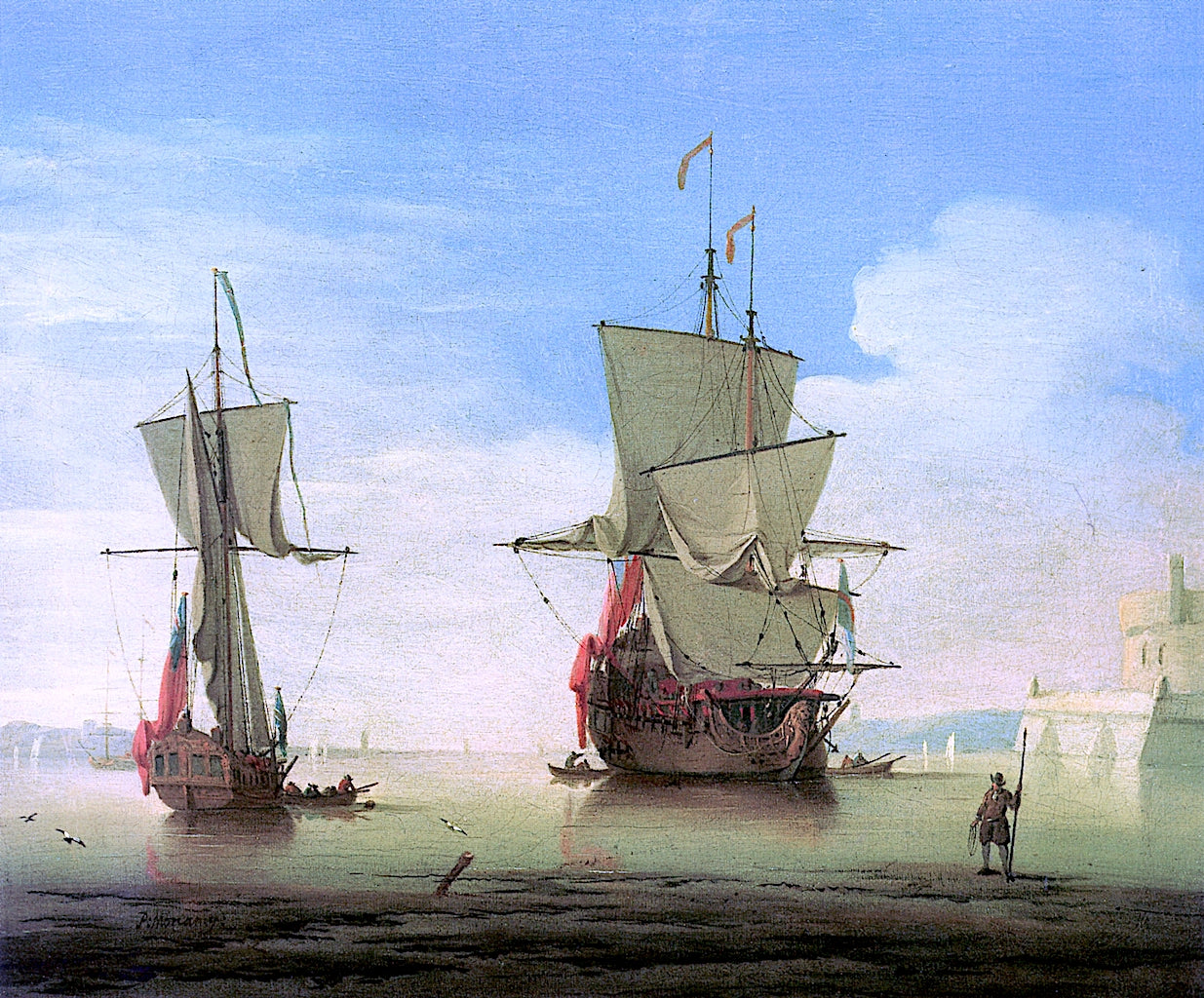 A Two Decker and a Yacht Anchored near a Tower, vintage artwork by Peter Monamy, 12x8" (A4) Poster