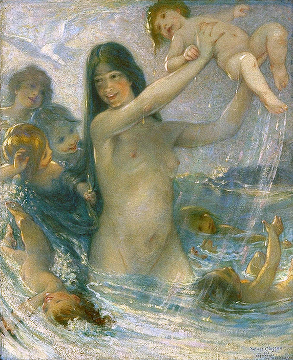Nymph and Water Babies at Play, vintage artwork by William Baxter Palmer Closson, 12x8" (A4) Poster