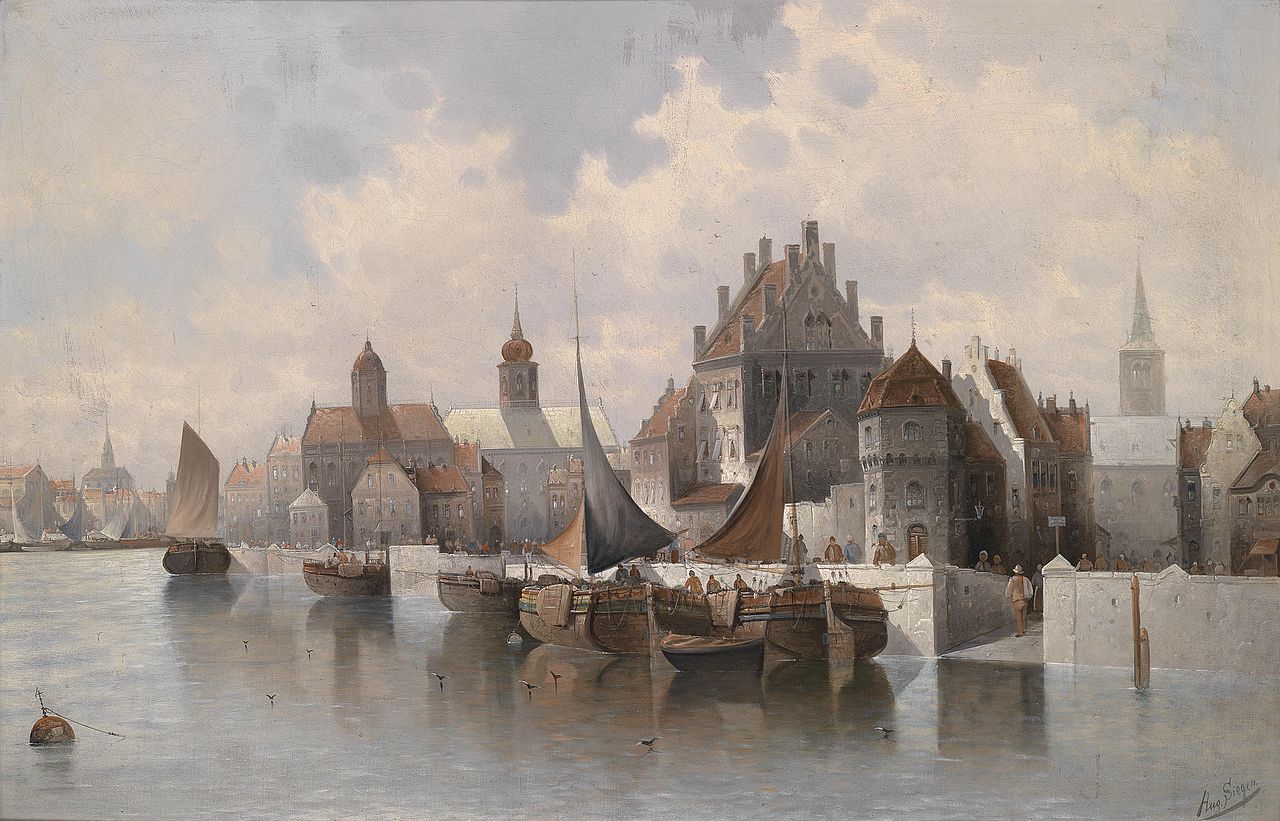 View of a Harbor City, vintage artwork by August von Siegen, 12x8" (A4) Poster