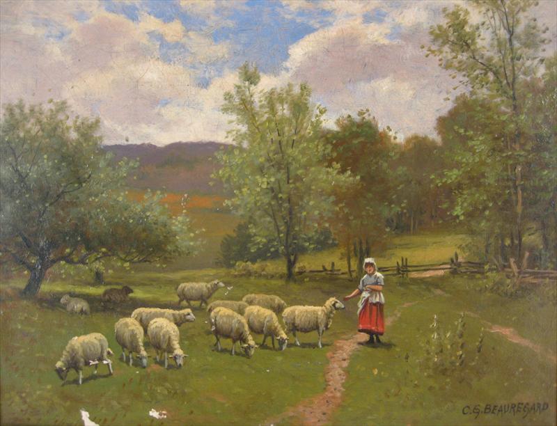 Maid Feeding Sheep in Pasture by Charles Grant Beauregard,A3(16x12")Poster