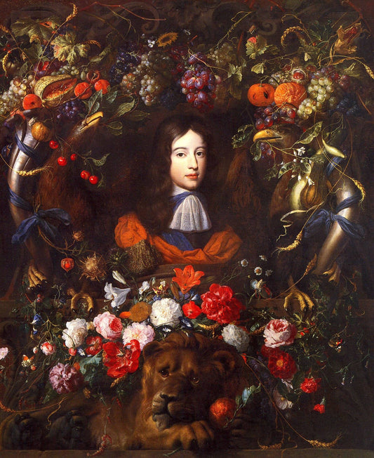 Flower Garland with Portrait of William III of Orange, Aged 10, vintage artwork by Jan Davidsz. de Heem, 12x8" (A4) Poster