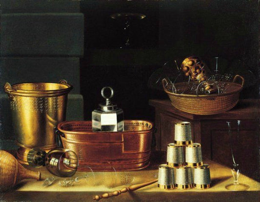 Still Life with Basket of glasses and Six Cup, vintage artwork by Sebastien Stoskopff, 12x8" (A4) Poster
