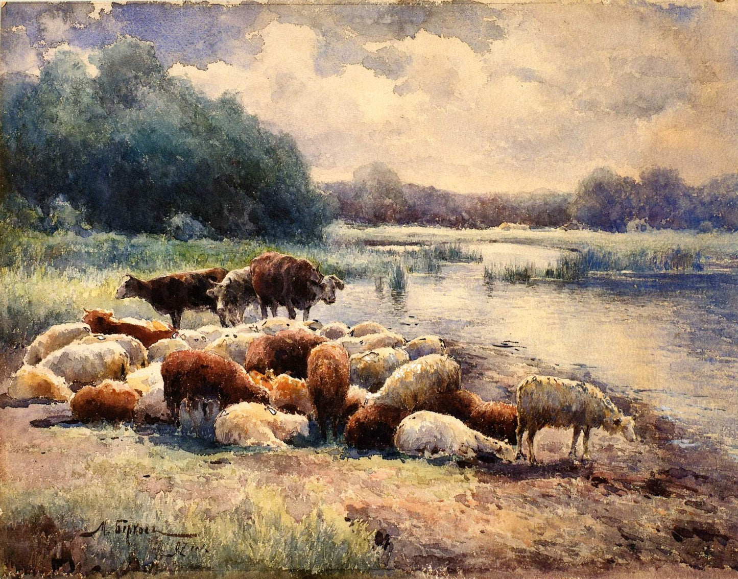 Sheep by  the River, vintage artwork by Mikhail Berkos, 12x8" (A4) Poster