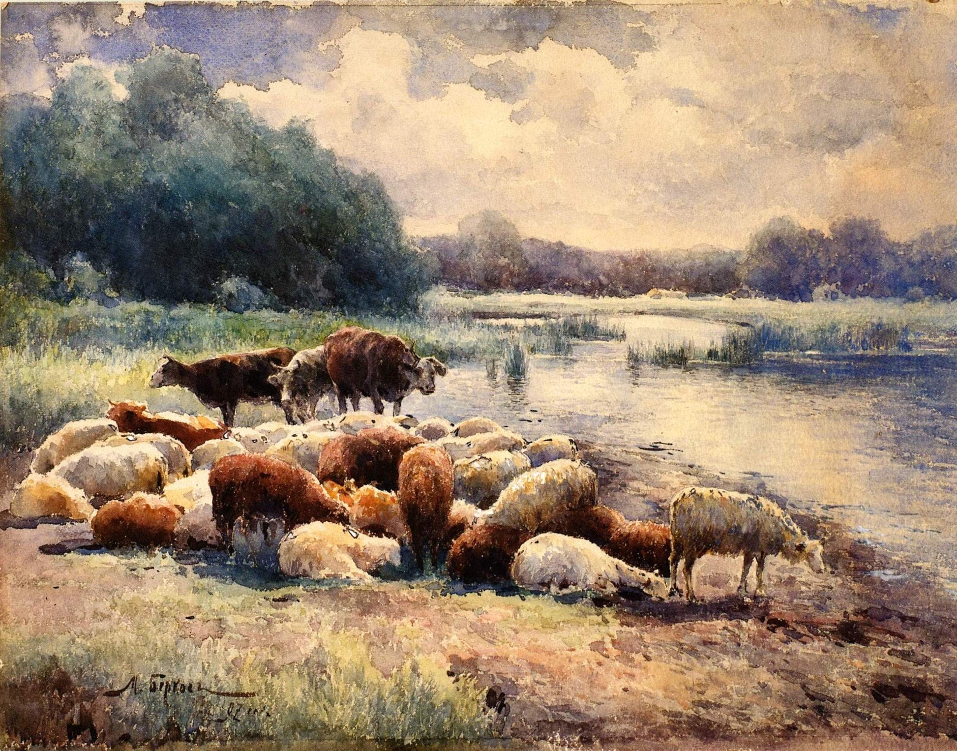 Sheep by  the River, vintage artwork by Mikhail Berkos, 12x8" (A4) Poster