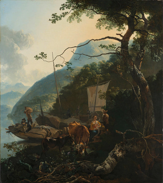 Boatmen Moored on the Shore of an Italian Lake, vintage artwork by Adam Pynacker, 12x8" (A4) Poster