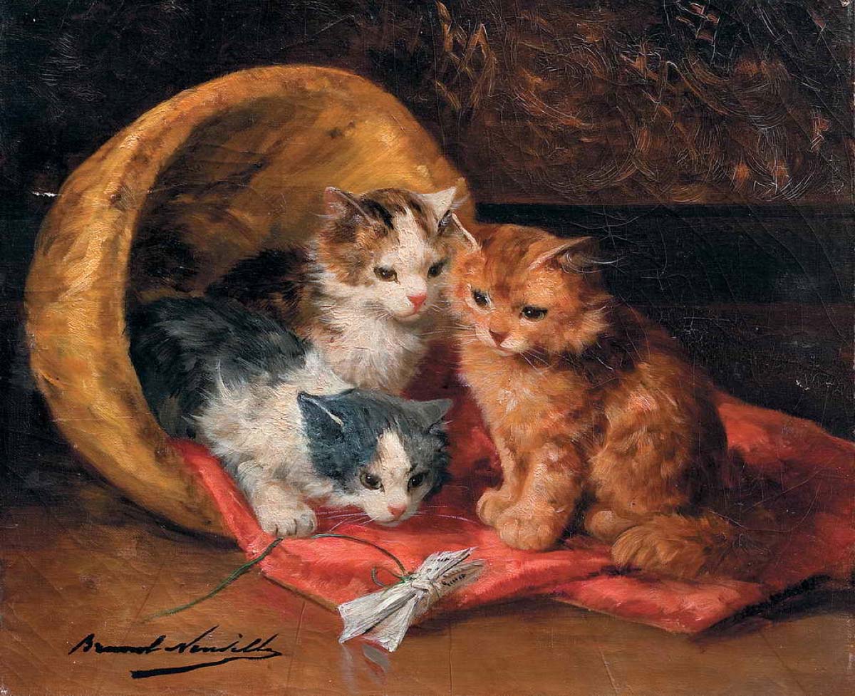 three kittens with a new toy by Alfred Brunel de Neuville,A3(16x12")Poster