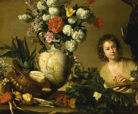 Still Life with a Figure Holding a Plate of Cherries, vintage artwork by Bernardo Strozzi, 12x8" (A4) Poster