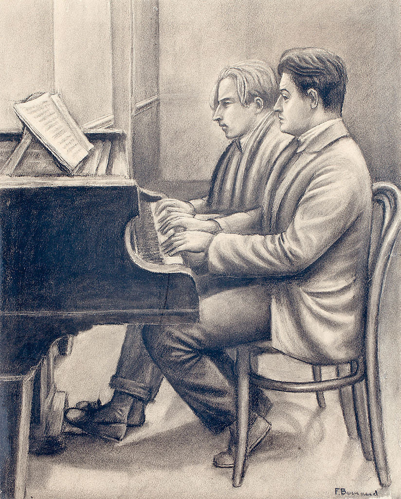 François Barraud and Albert Locca at the piano, vintage artwork by François-Emile Barraud, 12x8" (A4) Poster