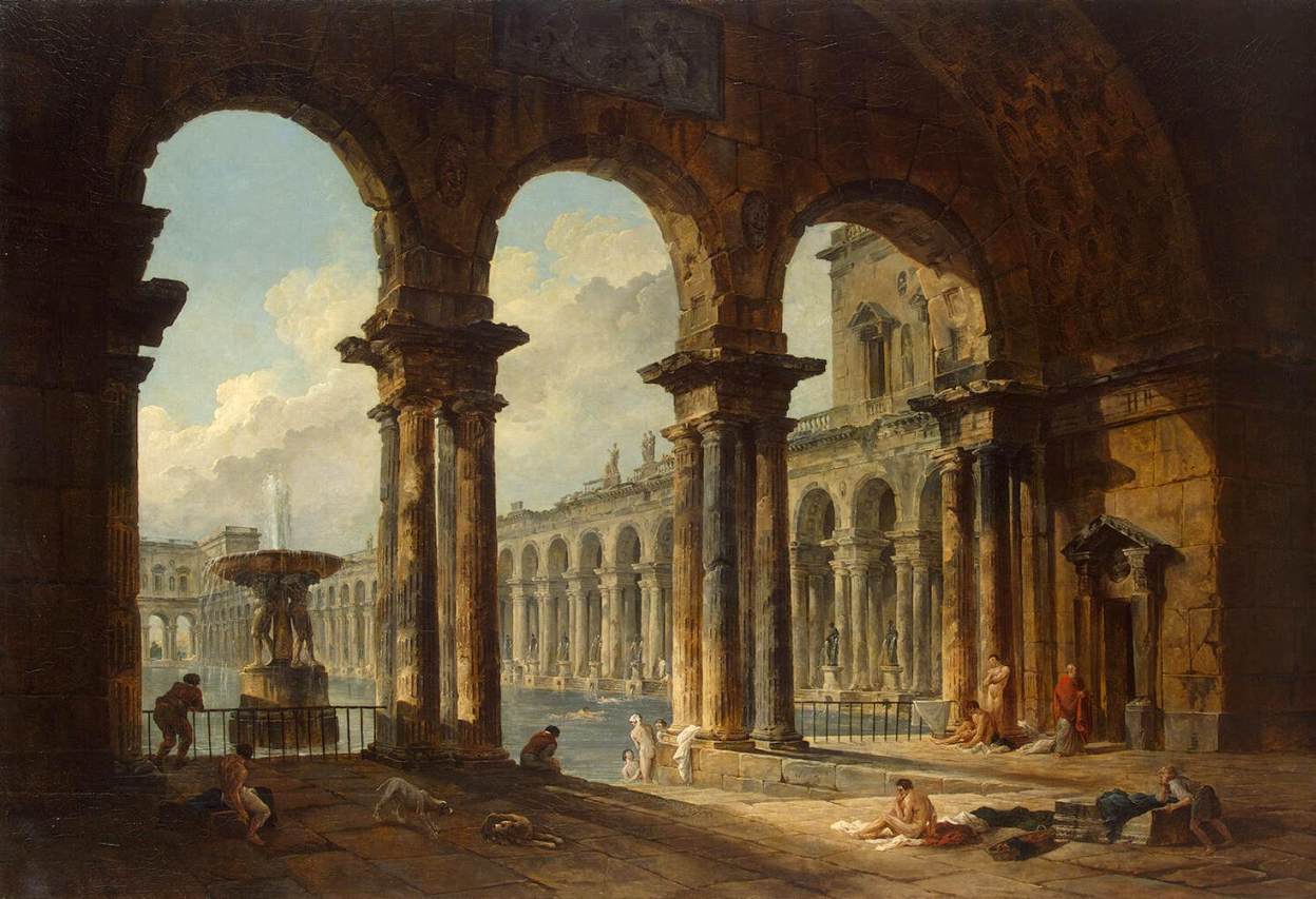 Ancient Ruins Used as Public Baths, vintage artwork by Hubert Robert, 12x8" (A4) Poster