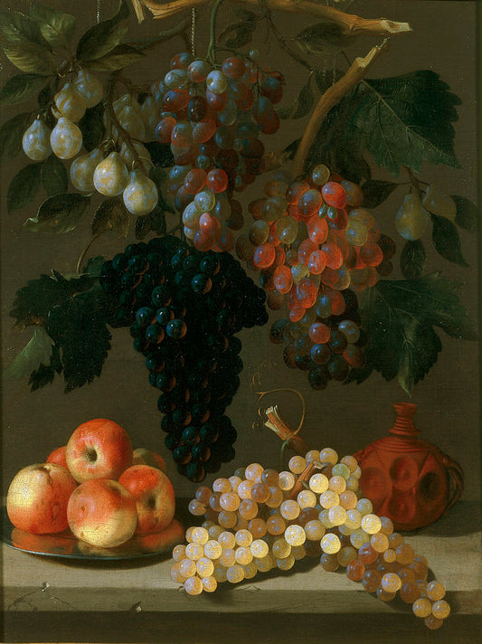Still life of grapes, apples and plums, vintage artwork by Juan Bautista de Espinosa, 12x8" (A4) Poster