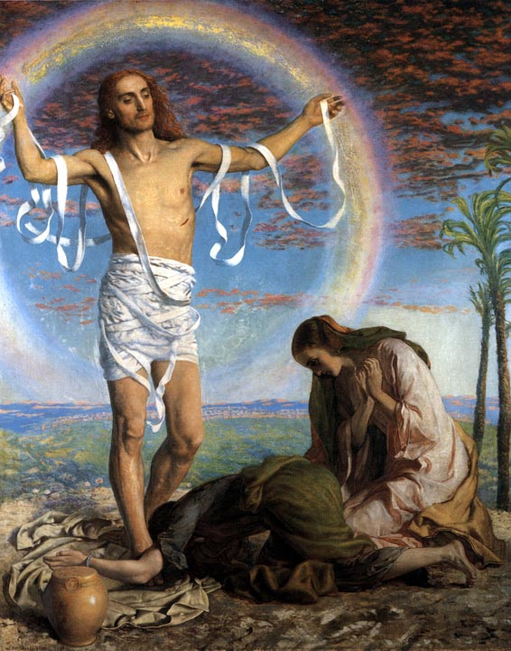 The Risen Christ with the Two Marys in the Garden of Joseph of Arimathea, vintage artwork by William Holman Hunt, 12x8" (A4) Poster