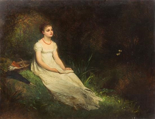 Woman Reading Book in Wooden Landscape, vintage artwork by Edouard Hamman, A3 (16x12") Poster Print