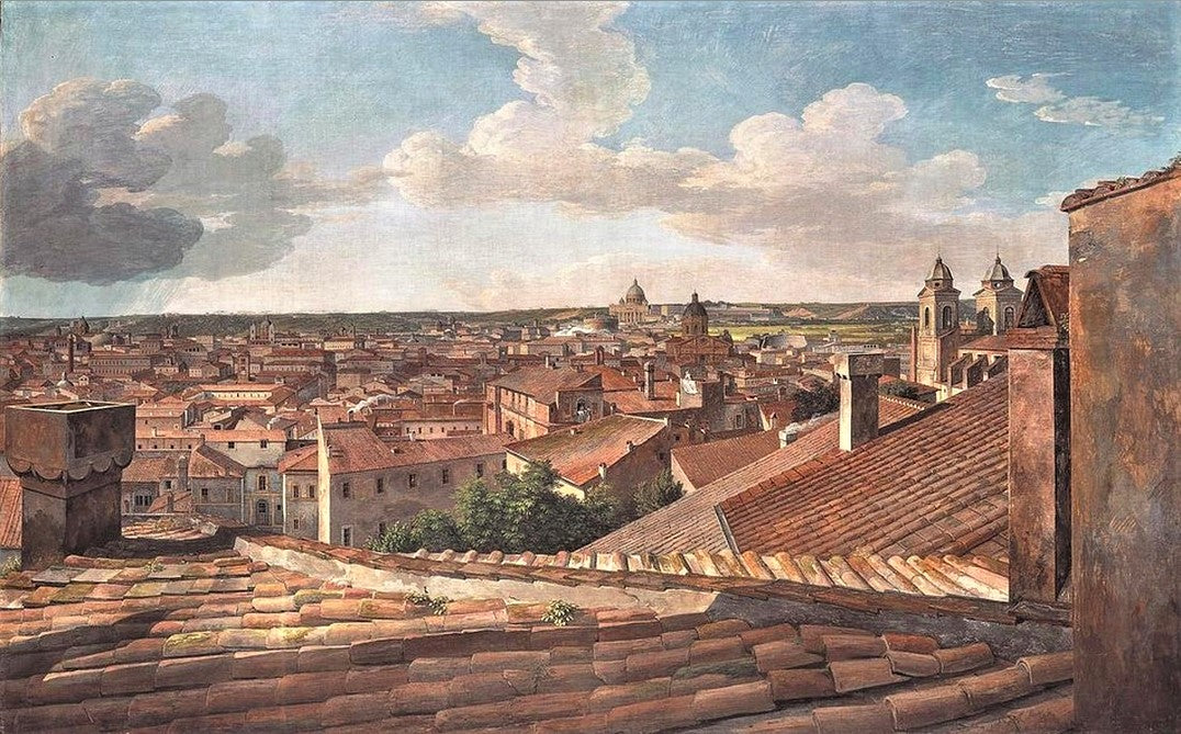 View of Rome to the West from Villa Malta, vintage artwork by Johann Christian Reinhart, 12x8" (A4) Poster