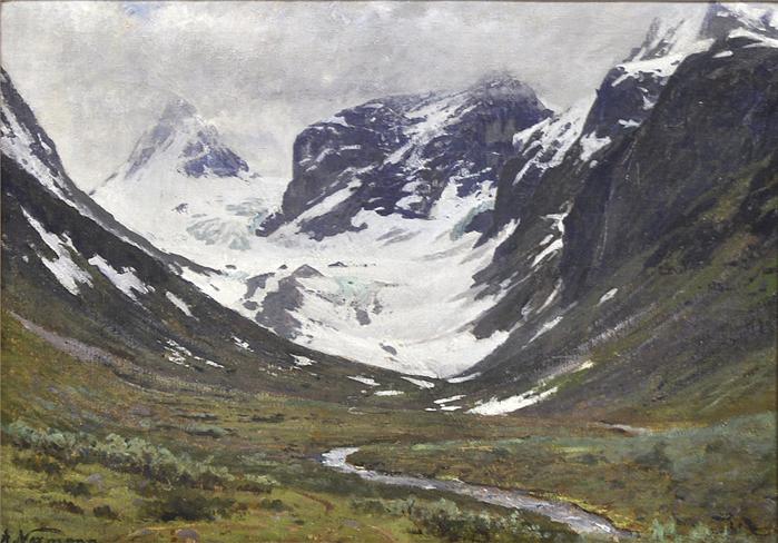 Valley with Snow covered Mountain, vintage artwork by Adelsteen Normann, 12x8" (A4) Poster