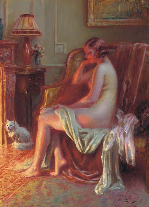Nude at the Fireplace, vintage artwork by Delphin Enjolras, 12x8" (A4) Poster
