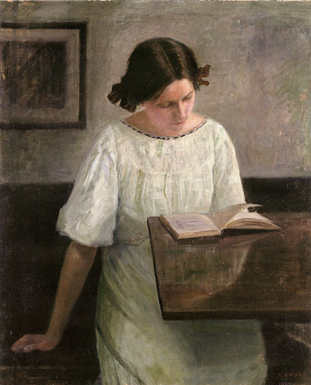 The Artist's Wife in White Reading, vintage artwork by Carl Vilhelm Holsøe, 12x8" (A4) Poster