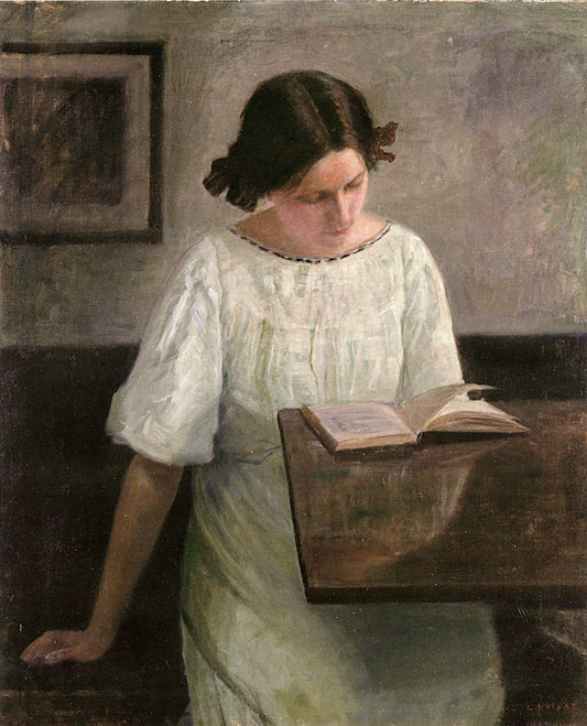 The Artist's Wife in White Reading, vintage artwork by Carl Vilhelm Holsøe, 12x8" (A4) Poster