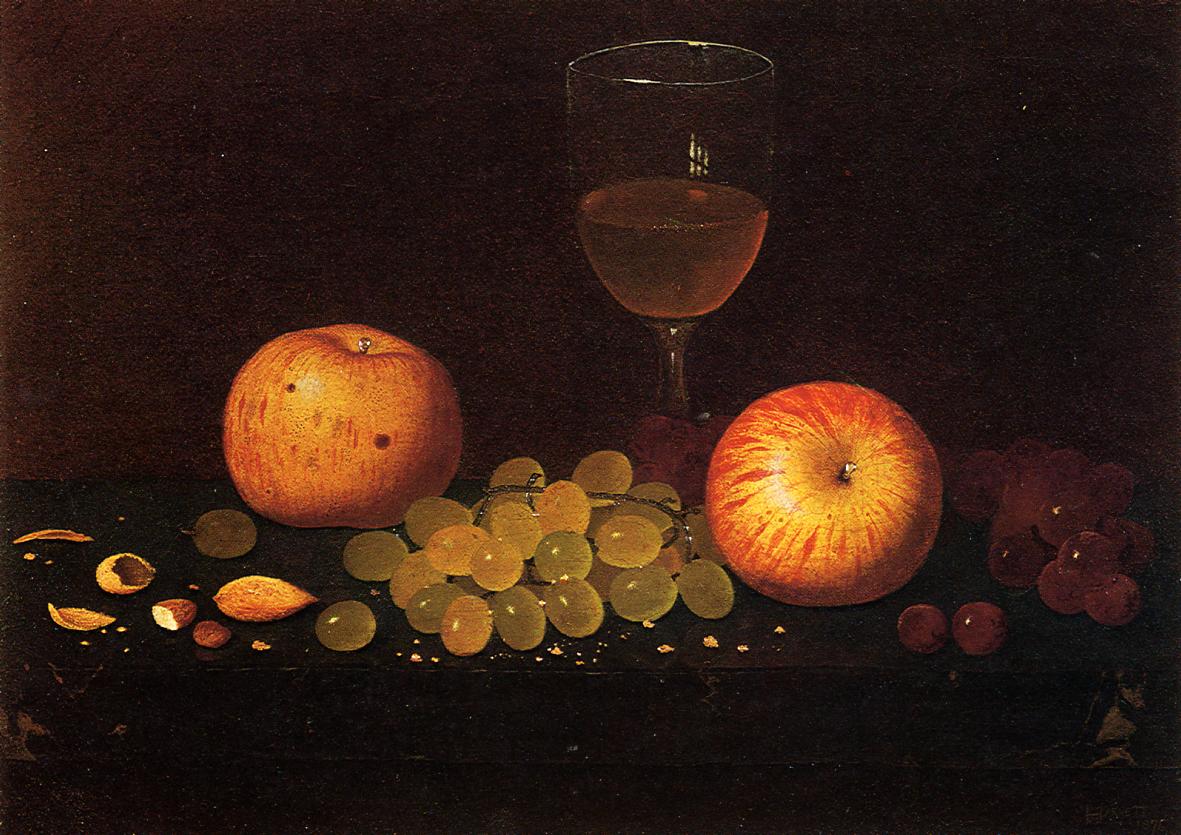 Still Life with Apples, Grapes and Almonds, vintage artwork by William Michael Harnett, 12x8" (A4) Poster