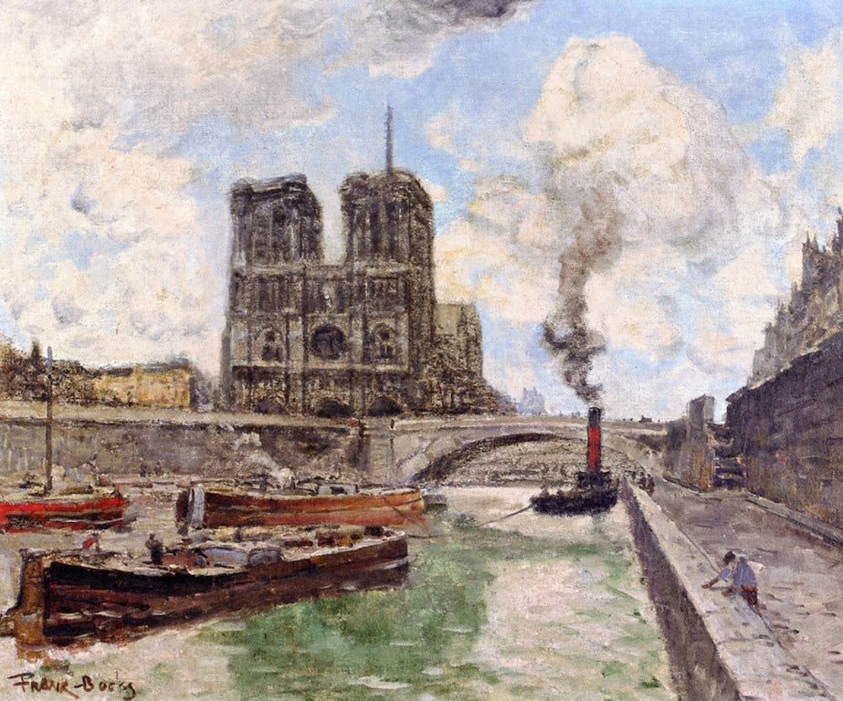 Paris, the Seine, Quai Notre Dame, vintage artwork by Frank Myers Boggs, 12x8" (A4) Poster