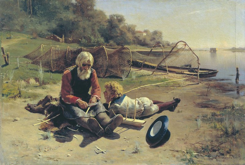 Fisherman with a Boy, vintage artwork by Nikolai Bogdanov, 12x8" (A4) Poster