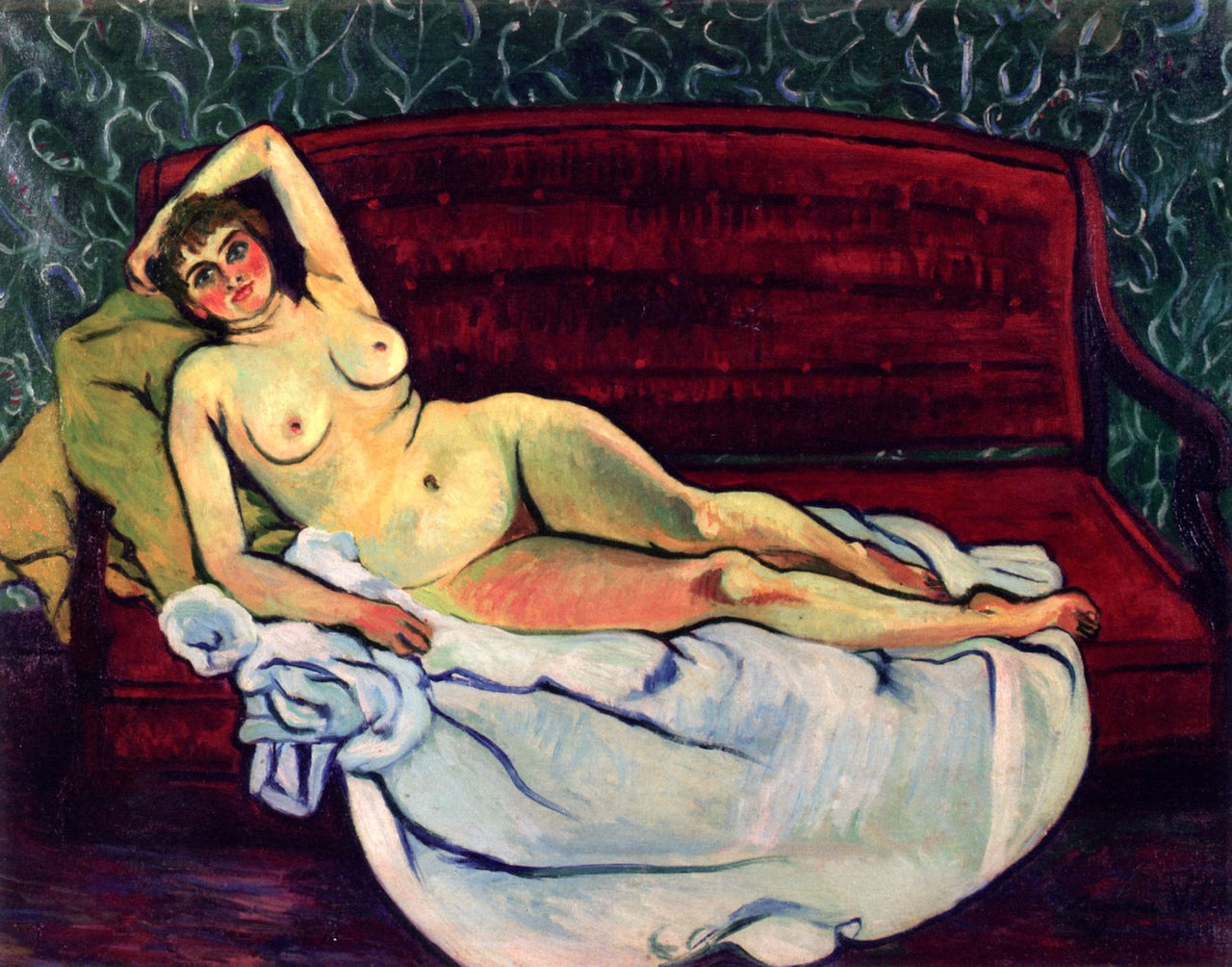Nude Reclining on a Sofa, vintage artwork by Suzanne Valadon, 12x8" (A4) Poster