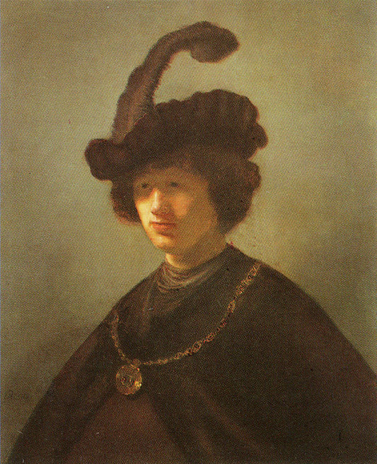 Bust of a Young Man in a Plumed Hat, vintage artwork by Rembrandt van Rijn, 12x8" (A4) Poster